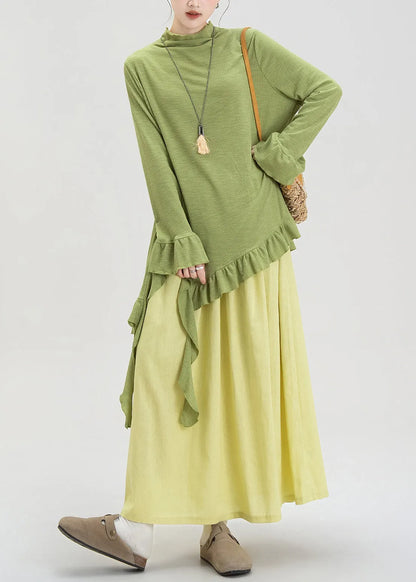 Green Ruffled Asymmetrical Cotton Two Piece Set Fall