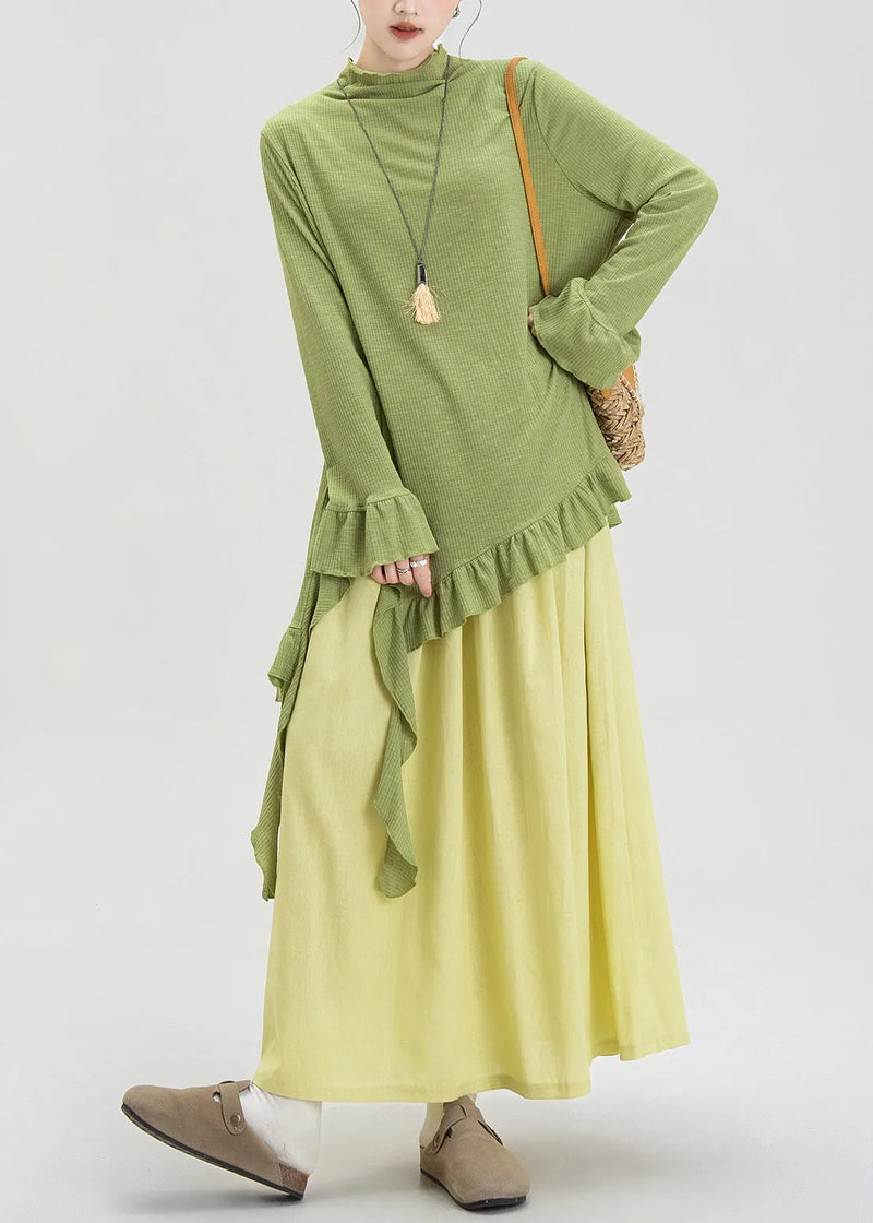 Green Ruffled Asymmetrical Cotton Two Piece Set Fall