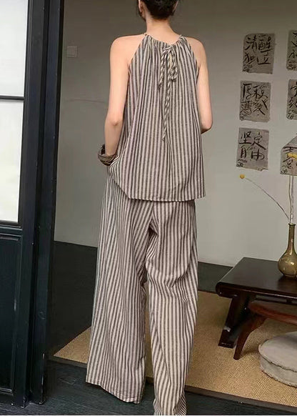 French Coffee Striped Top Wide Leg Pants Two Piece Set Summer