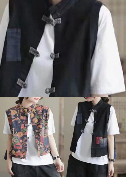 Retro Colour Stand Collar Print Button Low High Design Waistcoat Sleeveless