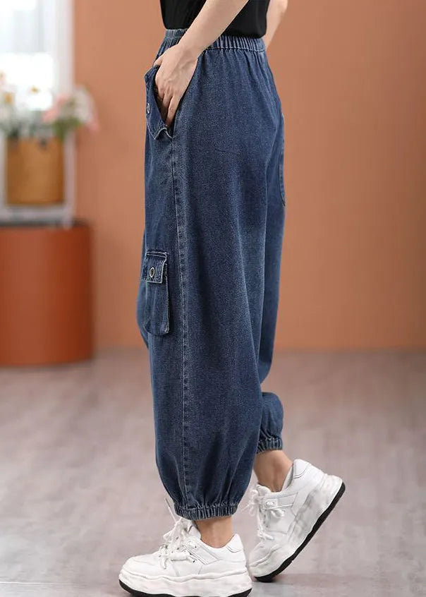 Blue Pockets Elastic Waist Denim Pants Fall