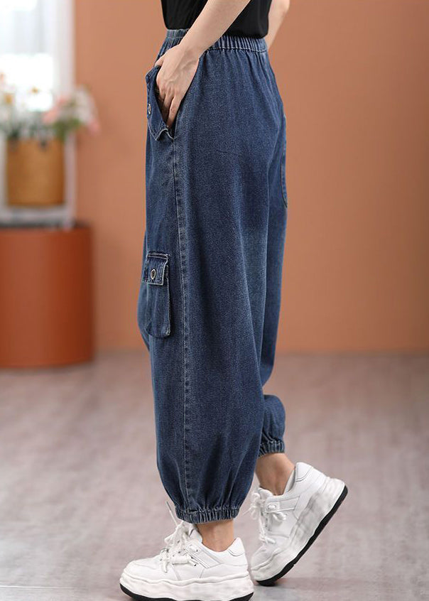 Blue Pockets Elastic Waist Denim Pants Fall
