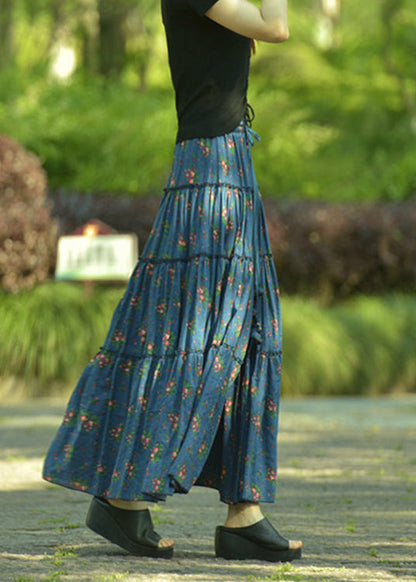 Blue Ruffled Print Exra Large Hem Cotton Skirt Spring