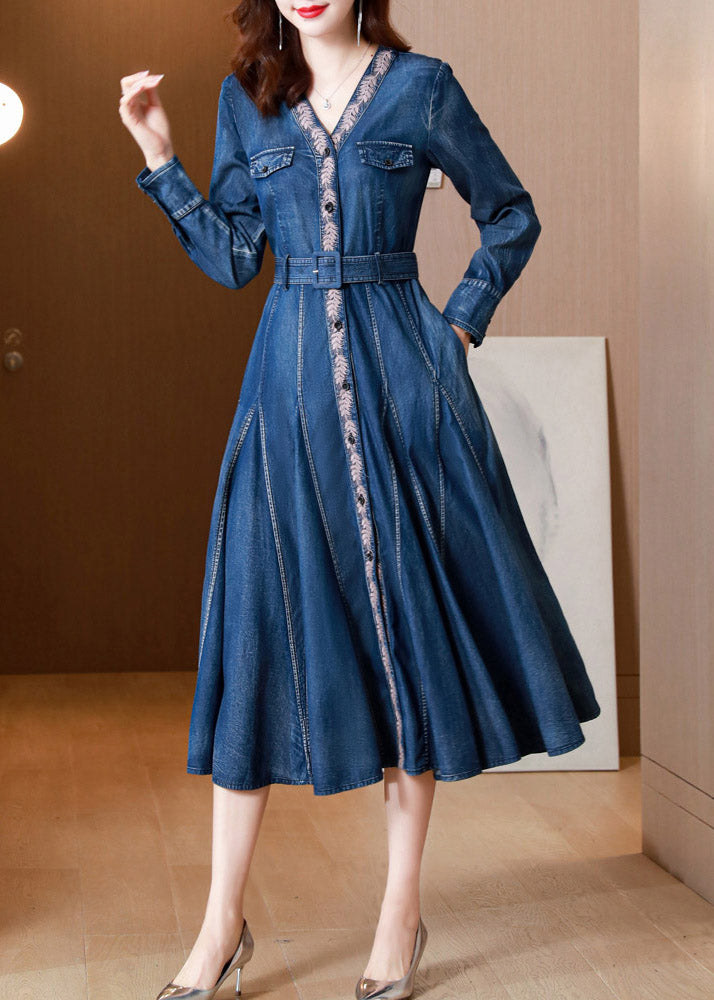 Blue V Neck Print Button Sashes Silk Denim Maxi Dresses Long Sleeve Spring