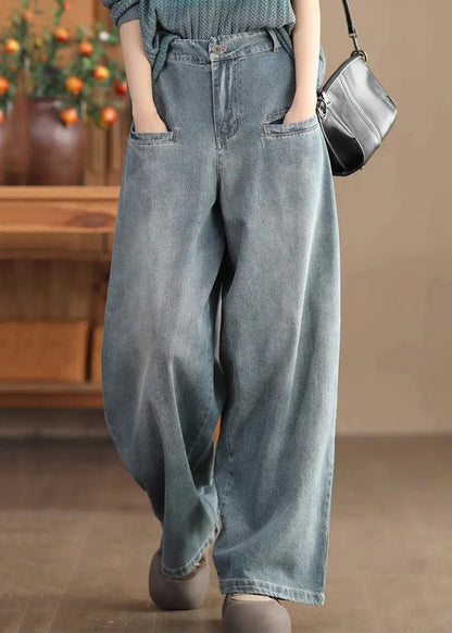 Blue Pockets High Waist Denim Wide Leg Pants Spring