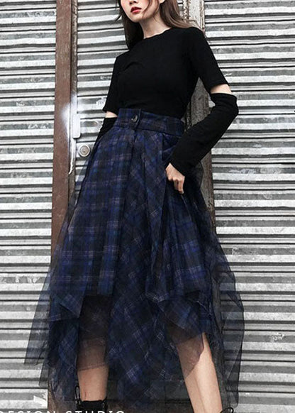 Style Blue Asymmetrical Design Plaid Tulle Skirt Spring