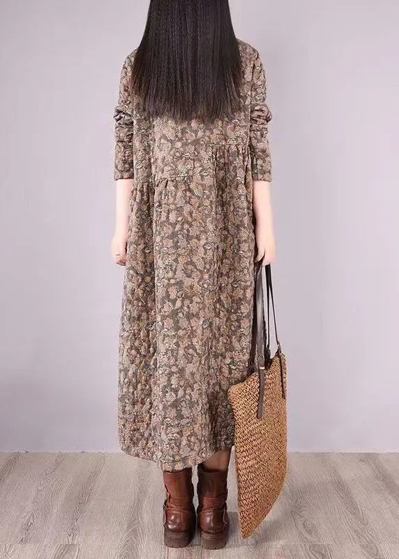 Grey Print Pockets Patchwork Fine Cotton Filled Dress Wrinkled Winter