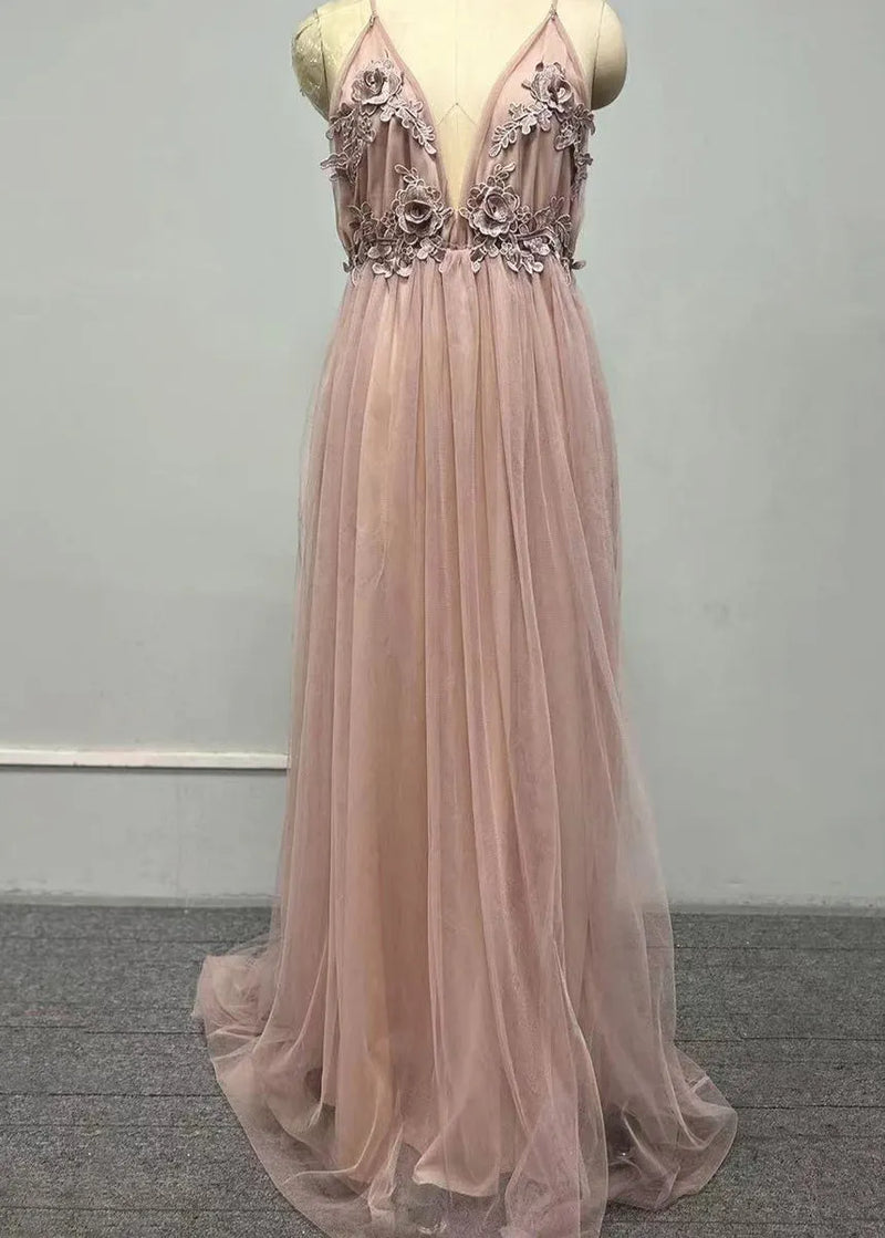 Classy V Neck Tulle Spaghetti Strap Dress Summer