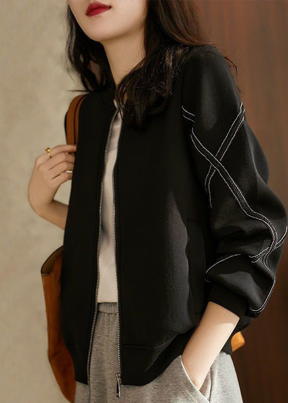 Black Stand Collar Oversized Cotton Jackets Fall