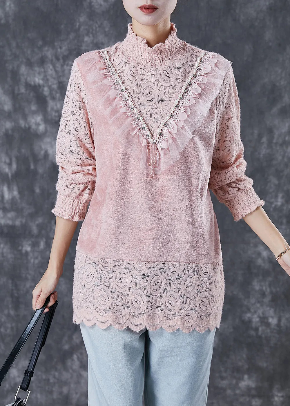 Pink High Neck Patchwork Lace Velour Shirts Winter
