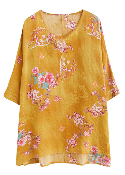 Yellow O-neck Print Linen Tank Tops Half Sleeve
