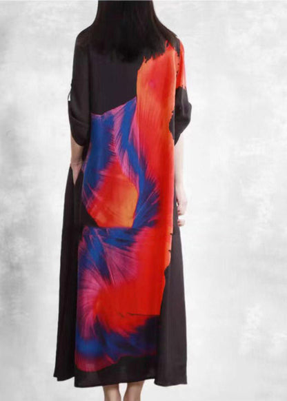Loose Black O-neck Print Pockets Silk Dress Half Sleeve