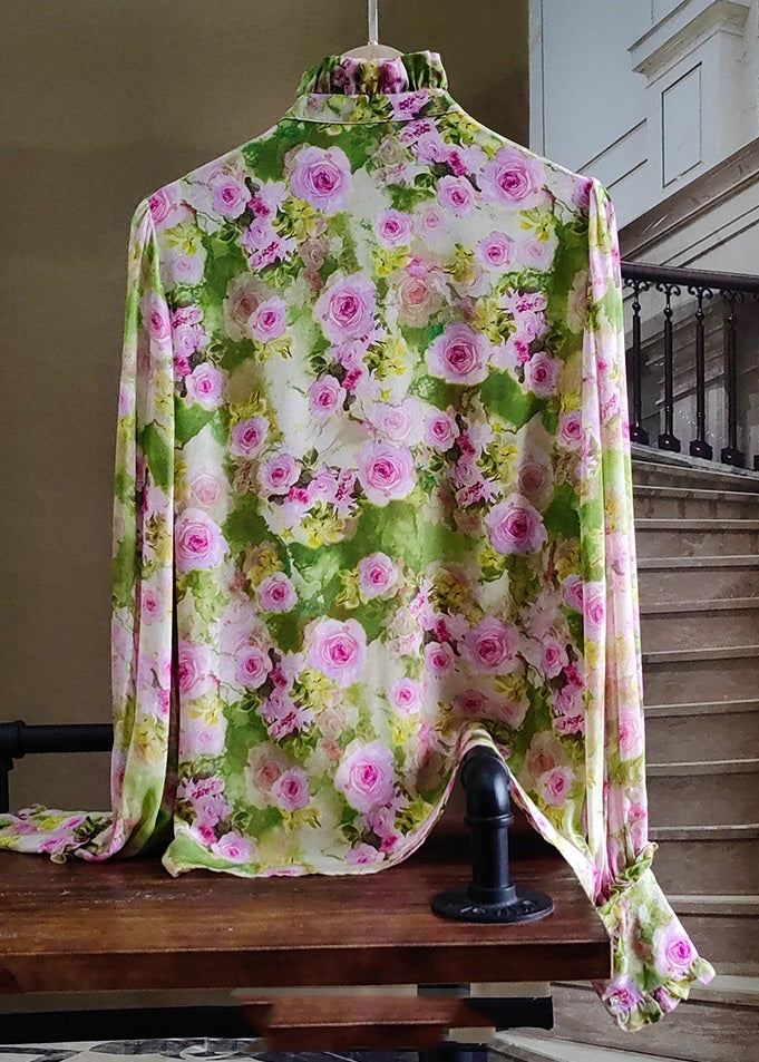Green Ruffled Rose Print Silk Tops Spring