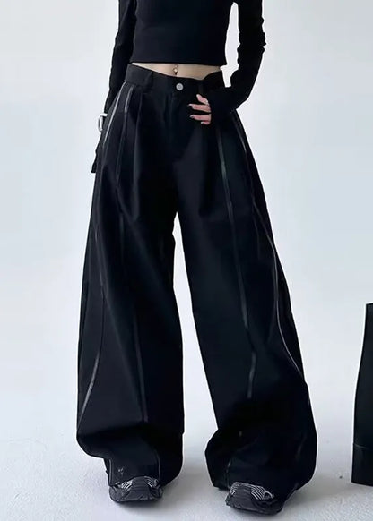 Black Striped Patchwork Pockets Lantern Pants Spring