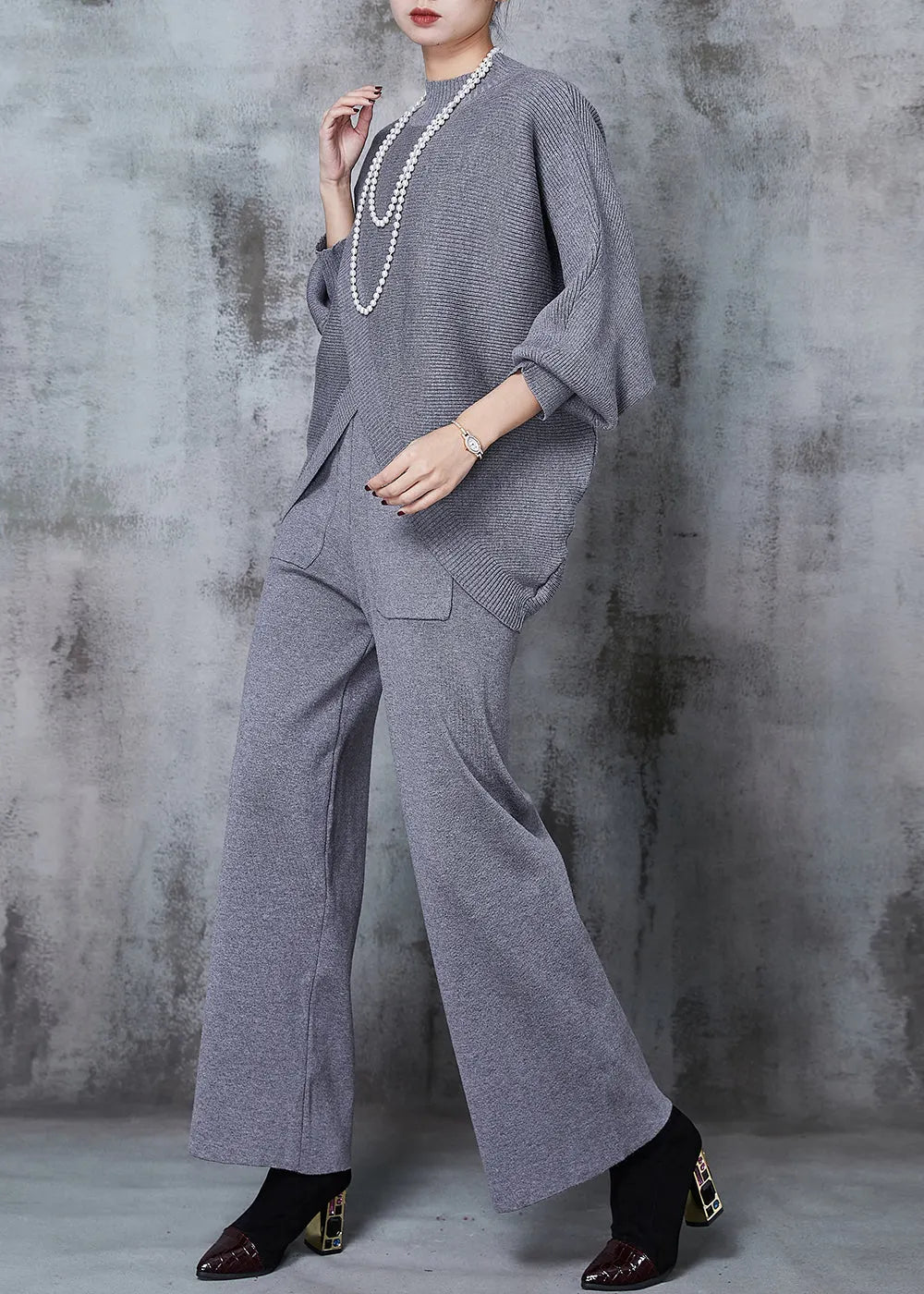 Grey Asymmetrical Design Knit Two Pieces Set Batwing Sleeve Winter