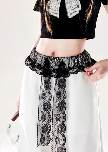 French White Print Patchwork Lace Wide Leg Pants Fall