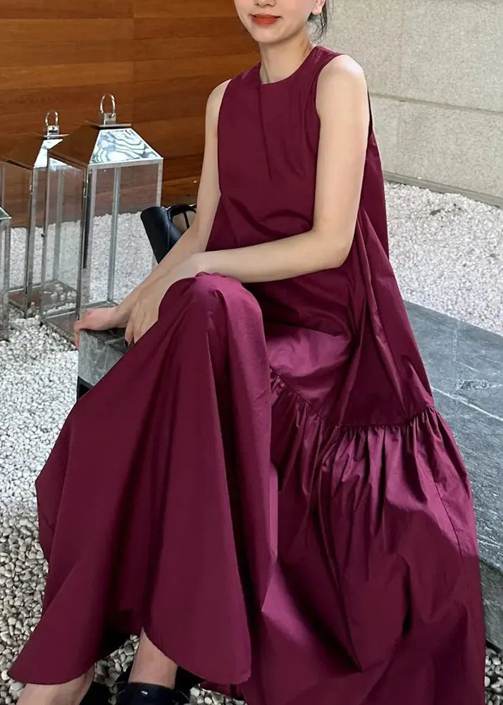 Simple Wine Red Pockets Wrinkled Cotton Long Dresses Sleeveles