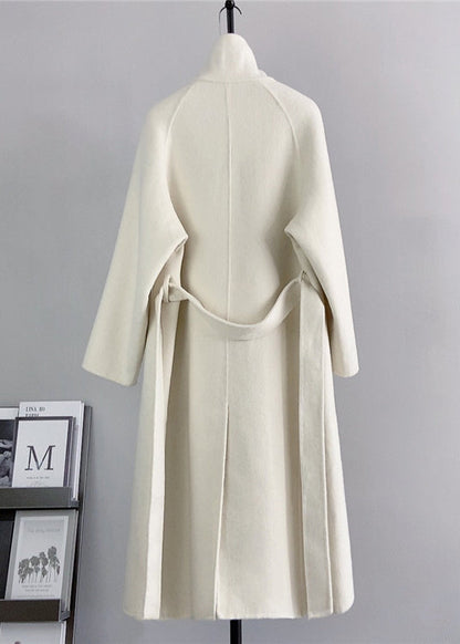 White Woolen Coats Stand Collar Tie Waist Winter