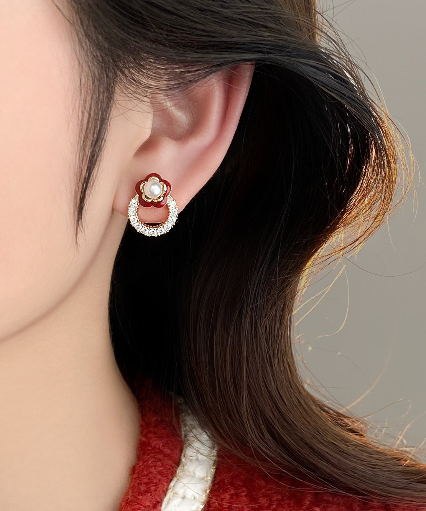 Red Copper Alloy Zircon Camellia Flower Stud Earrings
