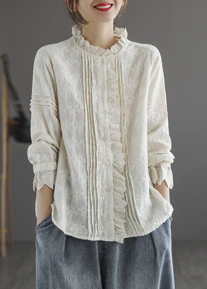 Stylish Apricot Ruffled Button Cotton Blouse Tops Long Sleeve Spring