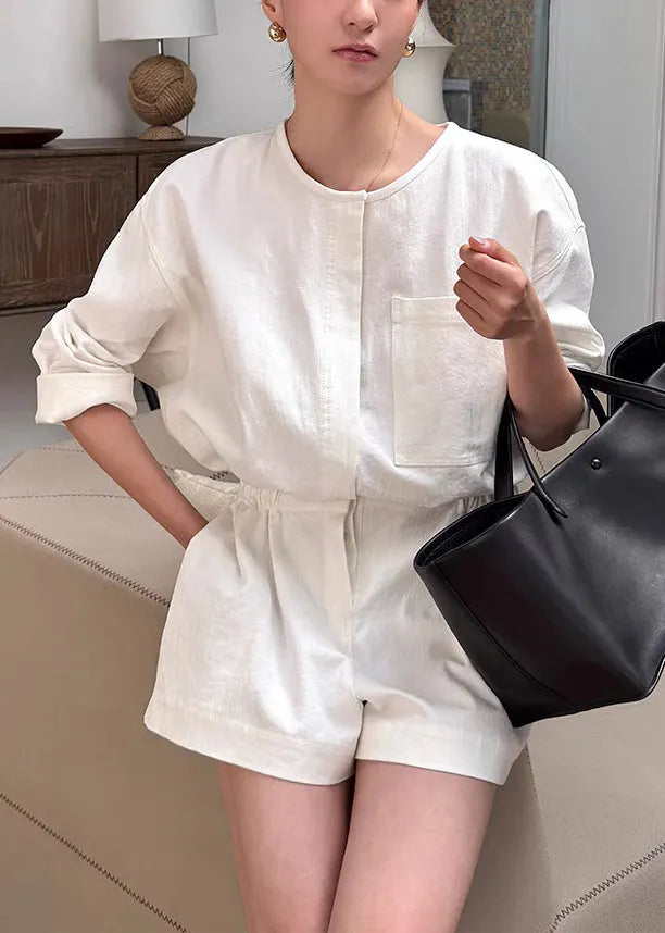 Loose Beige Pockets Tie Waist Linen Jumpsuit Summer
