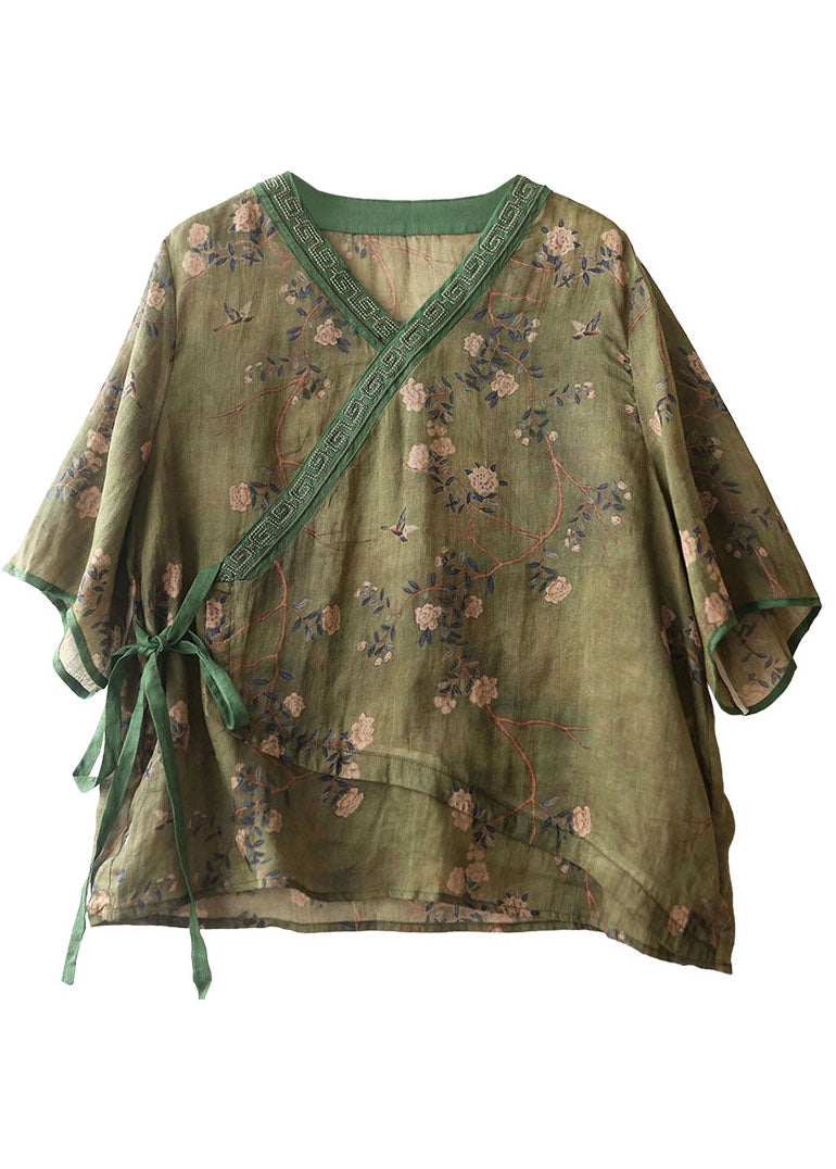 Navy Embroideried Asymmetrical Design Print Tie Waist Linen Shirt Short Sleeve