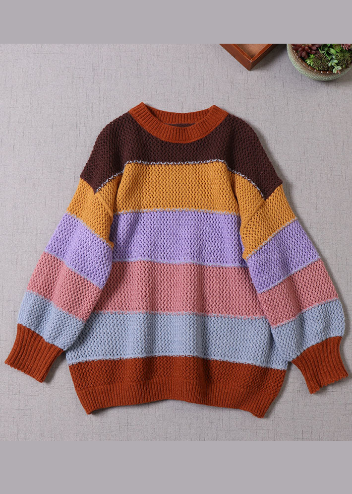 Yellow O-neck Striped Knit Pullover Spring