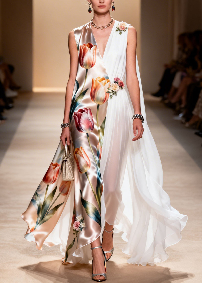 Natural V Neck Print Patchwork Chiffon Dresses Sleeveless