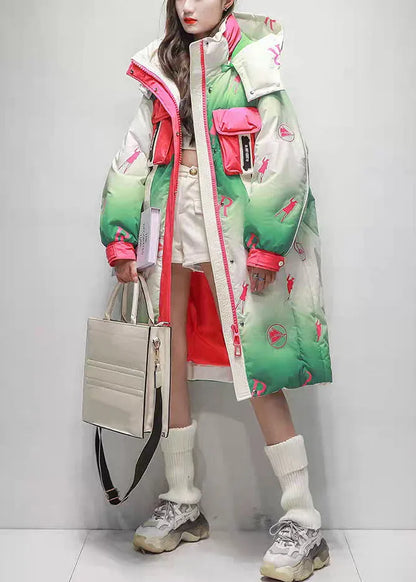 Italian Green Gradient Color Zip Up Pockets Patchwork Duck Down Long Coats