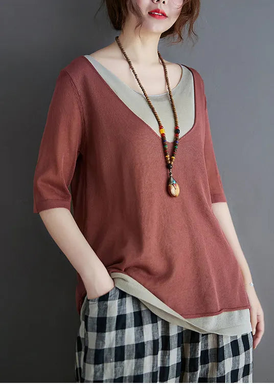 Brick Red Patchwork Knit Tanks Summer