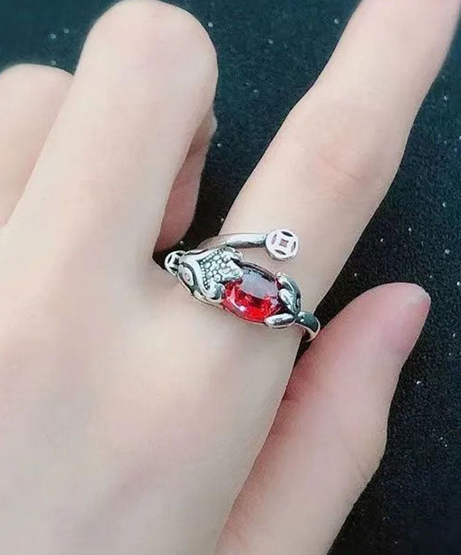 Stylish Red Steling Silver Inlaid a Mythical Wild Animal Rings