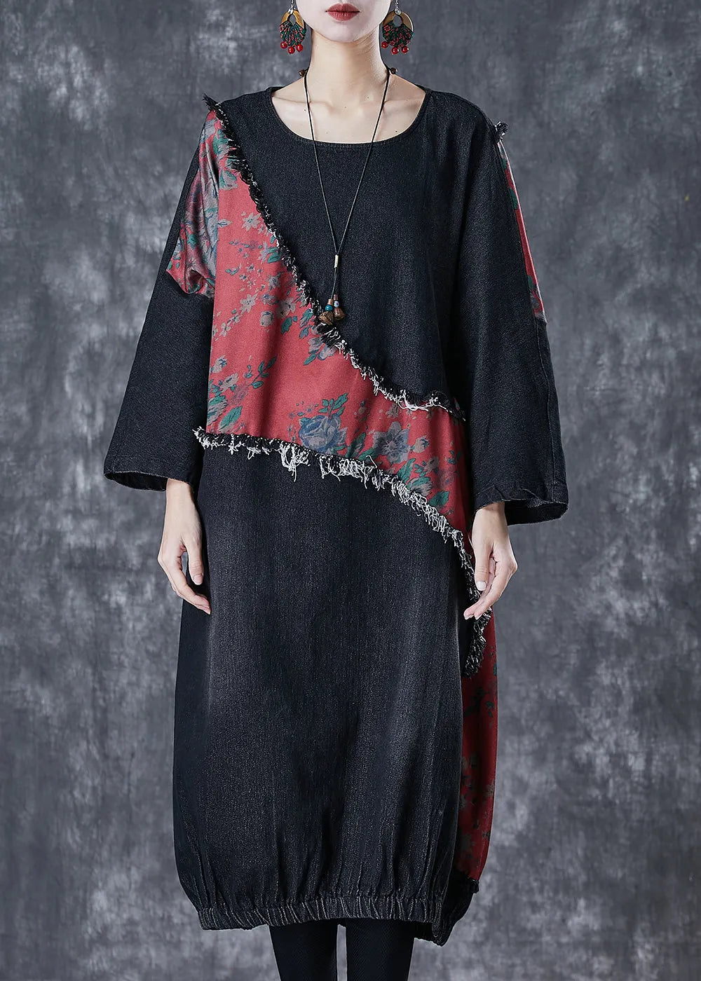 Black Asymmetrical Patchwork Denim Holiday Dress Fall