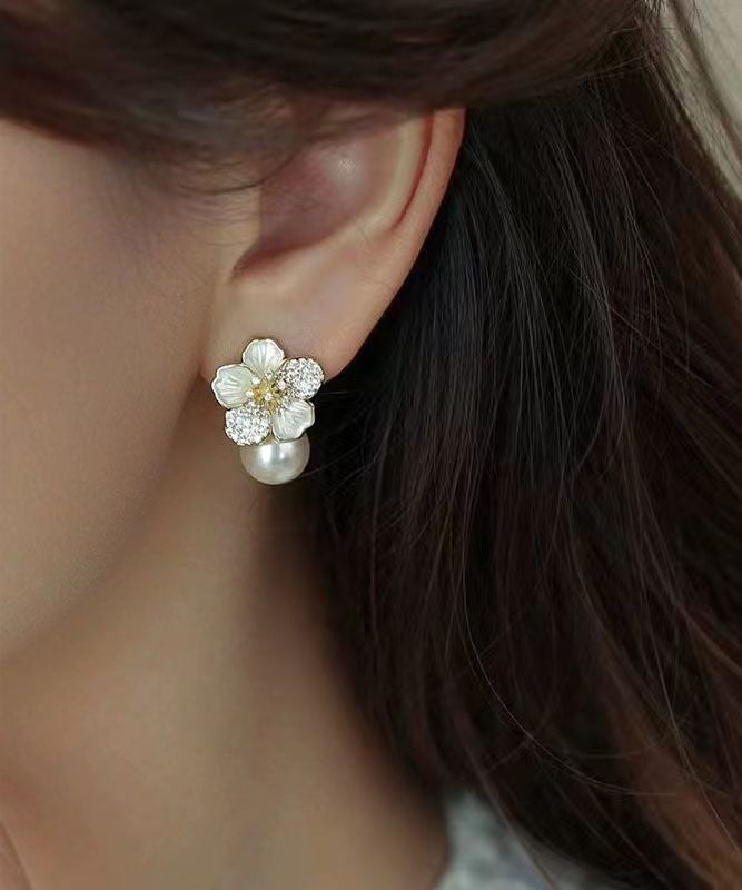 White Sterling Silver Overgild Zircon Pearl Stud Earrings