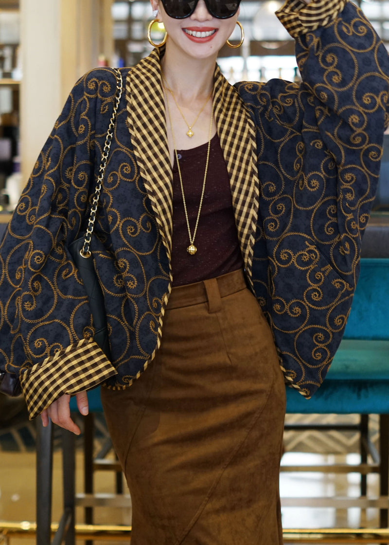 Loose Navy Embroidered Wear on Both Sides Cotton Cardigans Batwing Sleeve