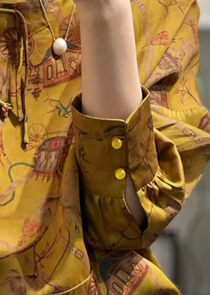 Yellow Button Print Patchwork Silk Shirt Fall