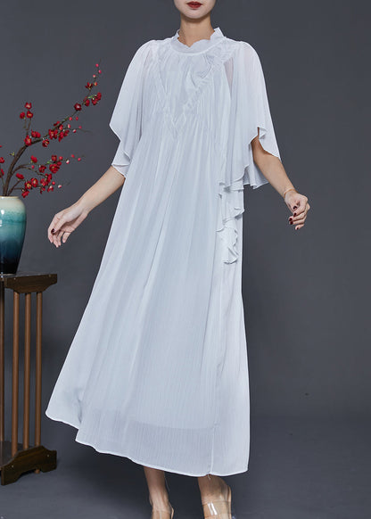 White Wrinkled Chiffon Long Dresses Butterfly Sleeve