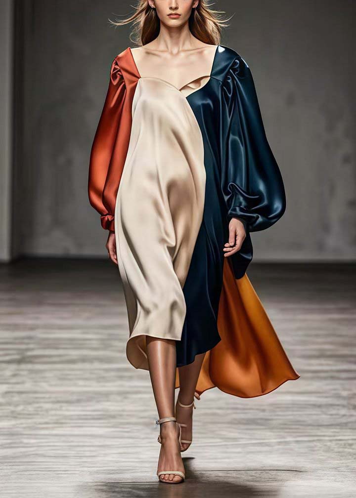 Square Collar Asymmetrical Patchwork Silk Dresses Lantern Sleeve