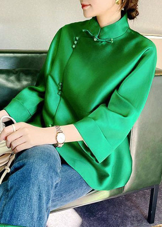 Chinese Style Green Button Stand Collar Silk Top Long Sleeve