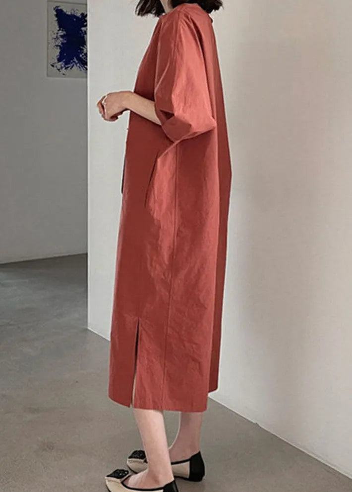 Red Puff Sleeve Cotton Long Dress Spring