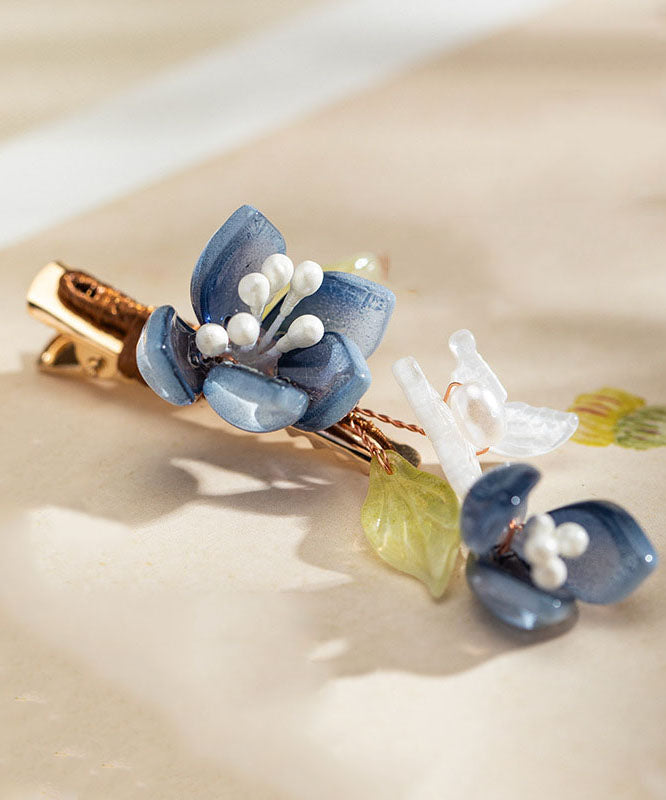Chinese Style Blue Copper Overgild Pearl Colored Glaze Lotus a Pair Hairpin