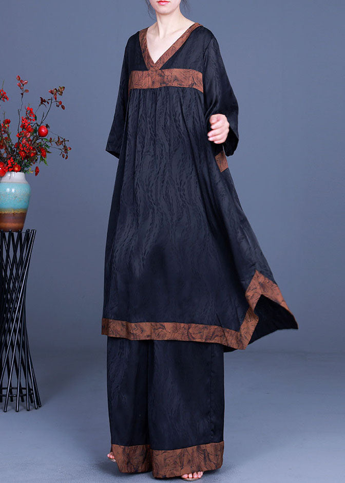 Diy Black Asymmetrical Patchwork Silk Two Pieces Set Half Sleeve