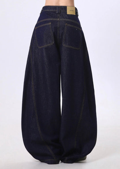 Navy Letter Print Denim Wide Leg Pants Spring