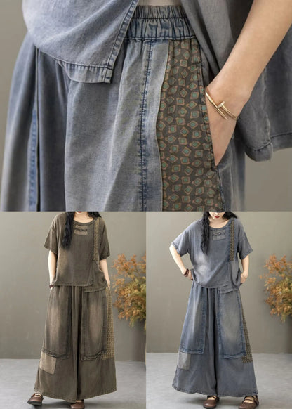Khaki Elastic Waist Patchwork Denim Two Pieces Set O Neck Short Sleeve
