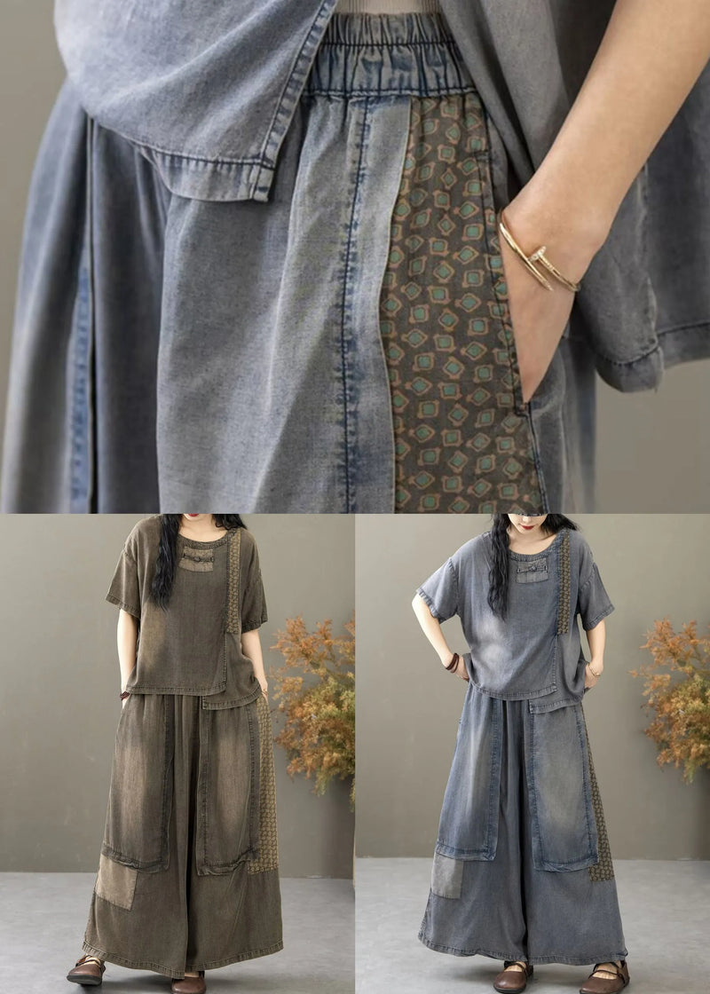 Khaki Elastic Waist Patchwork Denim Two Pieces Set O Neck Short Sleeve