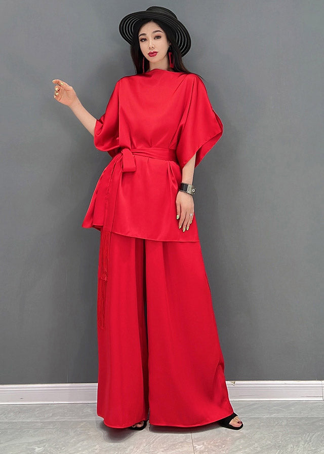 Fine Red Slash Neck Top and Long Pants Two Piece Set Summer