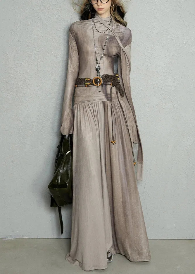 Coffee Slash Neck Print Wrinkled Knitting Cotton Long Dress Flare Sleeve