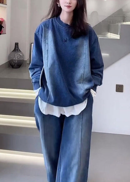 Blue Oversized Patchwork Denim Two Pieces Set Spring