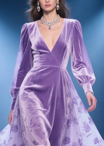 Purple Silk Velvet Lace Print High Waist Party Dress V Neck Spring