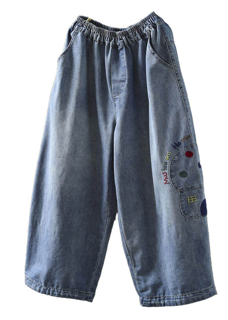 Blue Graphic Patchwork Elastic Waist Crop Jeans