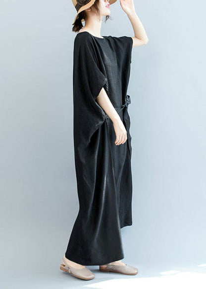 French Black Cinched Loose Wrinkled Long Dress Bat Wing Sleeve